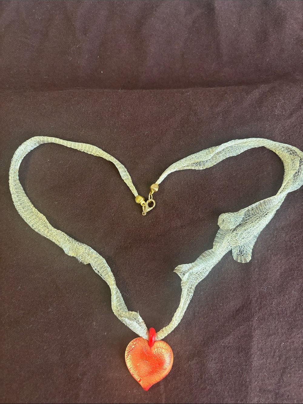Glass Heart Pendant Necklace in Red with Sheer Ribbon from Italy